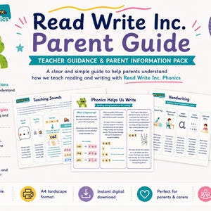 May include: A Read Write Inc. Phonics parent guide featuring six printable pages of teacher guidance and parent information. The document includes sections on teaching sounds, phonics, and handwriting, with a green frog mascot and QR codes.