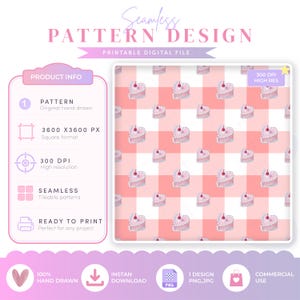 May include: A digital seamless pattern design featuring a repeating motif of heart-shaped pink cakes with a cherry on top, set against a light pink and white checkered background. The file is 3600 x 3600 pixels at 300 DPI, labelled as a printable digital file.