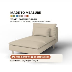 May include: A beige chaise lounge with a rectangular back cushion and a smaller rectangular throw pillow. The text above reads MADE TO MEASURE, VELVET, CORDUROY, LINEN, and MESSAGE US — WE'LL FIND YOUR COLOUR & FABRIC, with eight small coloured circles.
