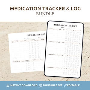 Könnte beinhalten: Ein Medikamenten-Tracker- und Protokoll-Set bestehend aus zwei weißen, bedruckbaren Blättern mit schwarzem Text. Ein Blatt ist als Medication Log mit Spalten für Dosierung beschriftet, das andere als Medication Tracker mit täglichen Kästchen.