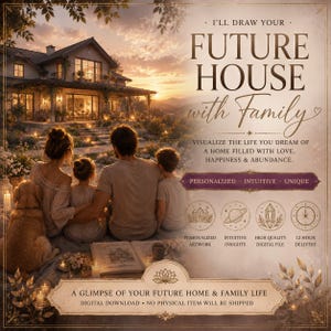 May include: A digital illustration featuring a family of four and a dog sitting on a blanket, viewing a large house at sunset. Text reads: I'LL DRAW YOUR FUTURE HOUSE with Family. VISUALIZE THE LIFE YOU DREAM OF. PERSONALIZED, INTUITIVE, UNIQUE.