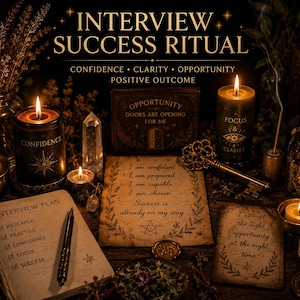 Könnte beinhalten: Eine Sammlung von Gegenständen für ein Vorstellungsgespräch-Erfolgsritual, darunter zwei schwarze Kerzen mit der Aufschrift Confidence und Focus & Clarity, ein Notizbuch mit Interviewplan, ein alter Schlüssel, Kristalle und Karten mit Text.