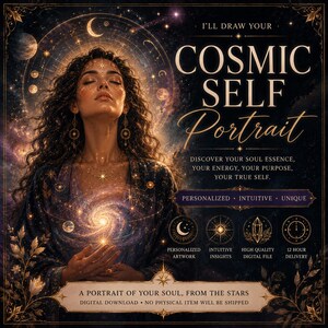 May include: A digital artwork featuring a person with long dark hair, eyes closed, surrounded by celestial elements and a glowing galaxy at their chest. Text reads: I'LL DRAW YOUR COSMIC SELF PORTRAIT, DISCOVER YOUR SOUL ESSENCE, YOUR ENERGY, YOUR PURPOSE, YOUR TRUE SELF, PERSONALIZED, INTUITIVE, UNIQUE, A PORTRAIT OF YOUR SOUL, FROM THE STARS, DIGITAL DOWNLOAD, NO PHYSICAL ITEM WILL BE SHIPPED.