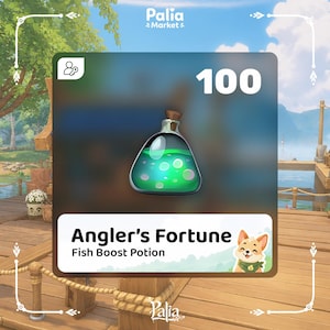以下が含まれることがあります： 気泡を含む光る緑色の液体が入ったガラス瓶。Angler's Fortune Fish Boost Potionとラベルが貼られ、小さな漫画の犬のアイコンと、正方形のグラフィックフレームの右上に数字の100が表示されています。