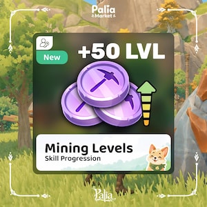 Pode incluir: Um gráfico digital com três moedas roxas com ícones de picareta, rotuladas como +50 LVL. O texto diz Mining Levels Skill Progression, acompanhado por um pequeno ícone de raposa. Uma etiqueta verde New é visível no canto da caixa escura.