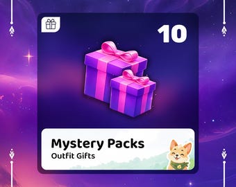 May include: A digital graphic featuring two purple gift boxes with pink ribbons, the number 10, and the text "Palia Market Mystery Packs Outfit Gifts" alongside a small illustration of a smiling dog wearing a green scarf on a dark purple background.