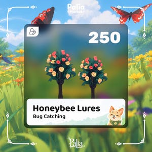 Op de afbeelding: Twee kleine, gestileerde boomachtige objecten met donkergroen blad en trossen roze en gele bloemen. De tekst "250" staat bovenaan, met "Honeybee Lures" en "Bug Catching" eronder, vergezeld door een klein icoontje van een cartoonvos.