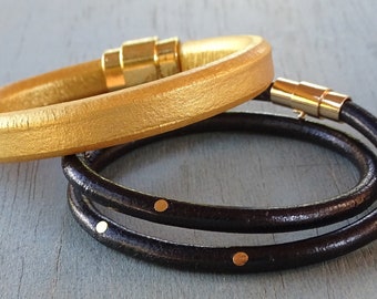 Gold black leather women's bracelets, Set of bracelets for woman, Boho women's leather bracelets women, Designer extravagant gift for women