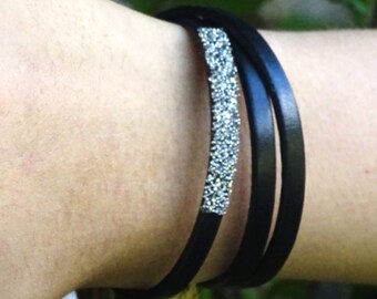 Black leather women's bracelet, Swarovski cord, Designer wrap bracelet for women, Black leather wrap women's bracelet, Anniversary gift wife