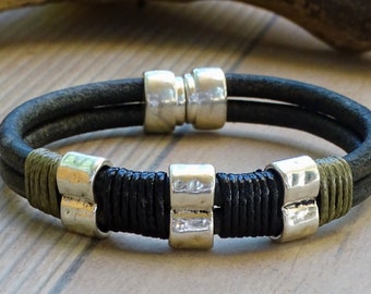 Silver and Leather mens bracelet men, friendship couples bracelet, men cuff bracelet, handmade silver mens jewelry, unique gifts for men