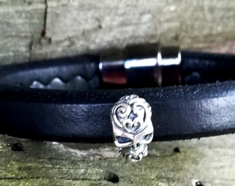 Punk Sterling silver Skull cuff  bracelet men, Men's Skull bracelet, Silver skull men's leather bracelet, Halloween lux skull gift boyfriend