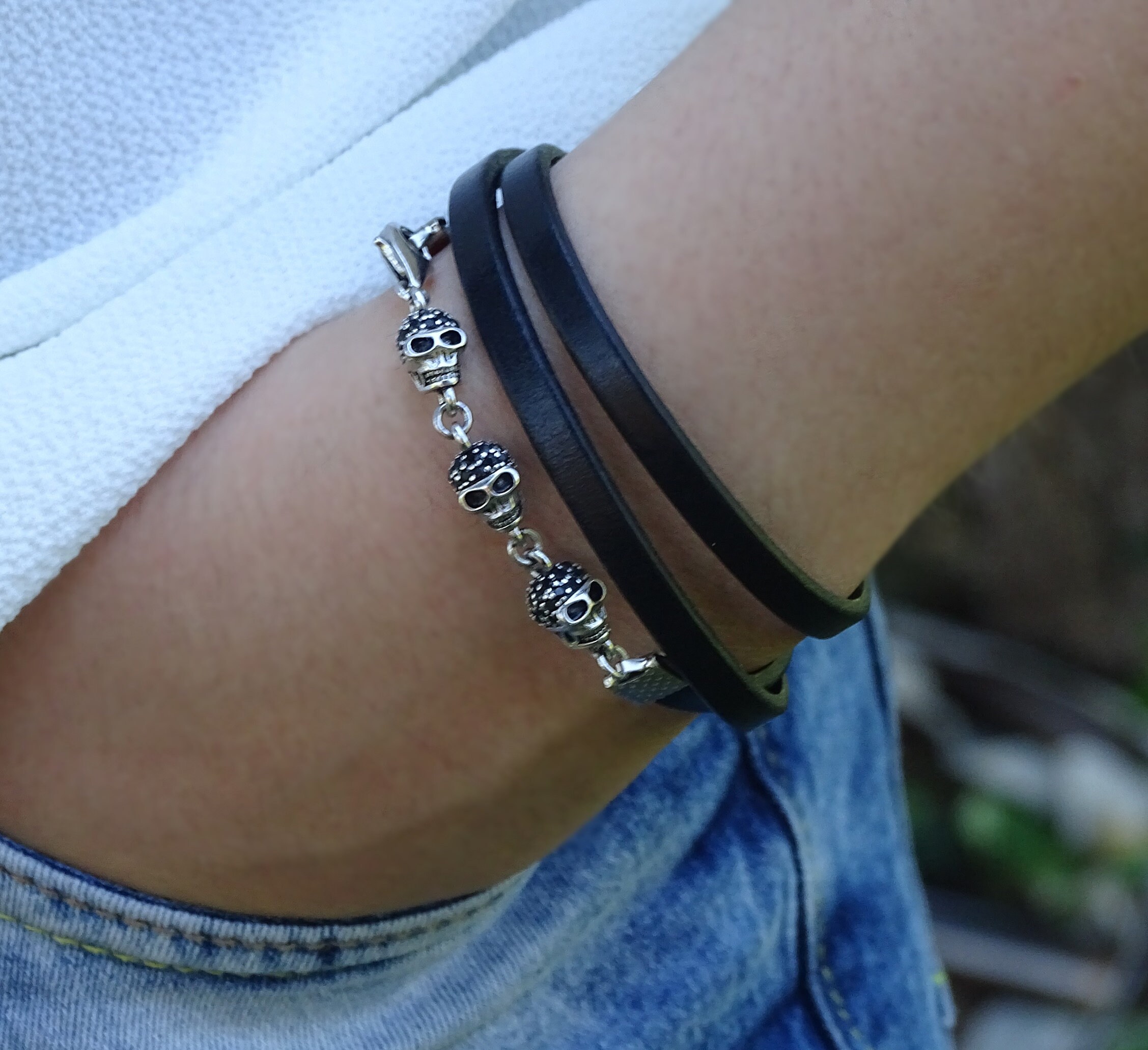Daesar Men's Stainless Steel Skull Head Bracelet - Adjustable 22cm, Silver, Gift Box Included