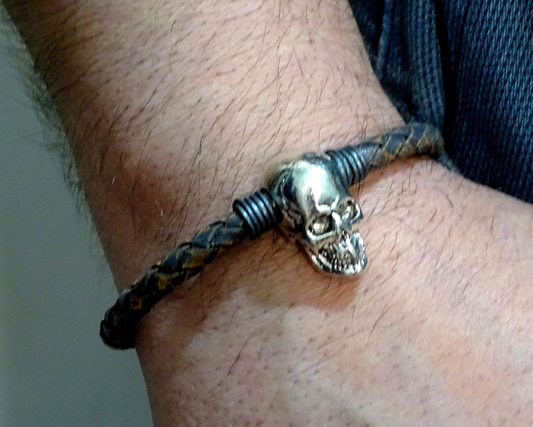 Silver Men's Skull Bracelet Mens, Skull Men's Braided Leather Bracelet