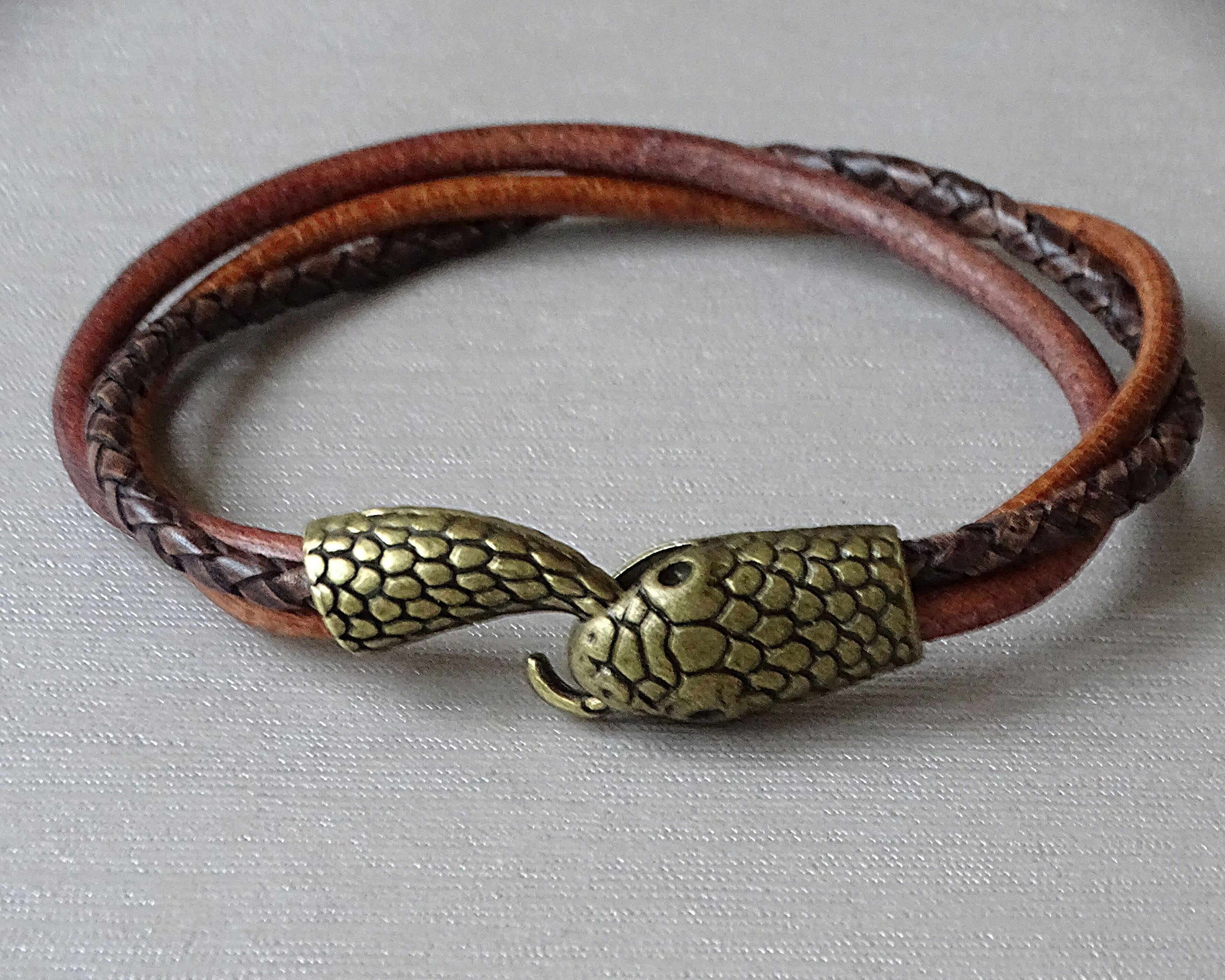 Snake head leather bracelet mens Snake bracelet Mens leather Etsy