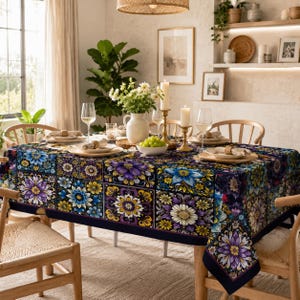 May include: A rectangular tablecloth featuring a repeating tile pattern of vibrant purple, blue, and yellow flowers on a dark background. The fabric covers a dining table set with white plates, clear wine glasses, a white pitcher, and candles.