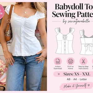 Könnte beinhalten: Ein Schnittmuster für ein weißes Babydoll-Oberteil mit durchgehender Knopfleiste, kurzen Rüschenärmeln und herzförmigem Ausschnitt. Die digitale Datei enthält Anleitungen für die Größen XS bis XXL in den Formaten A0, A4 und Letter.