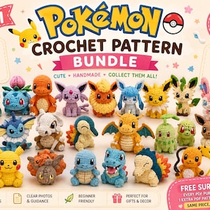 Puede incluir: Un paquete de 24 patrones de ganchillo Pokemon con texto e imágenes de 24 figuras amigurumi coloridas y hechas a mano, incluyendo Pikachu, Bulbasaur, Charmander y Squirtle. La guía digital incluye instrucciones paso a paso.