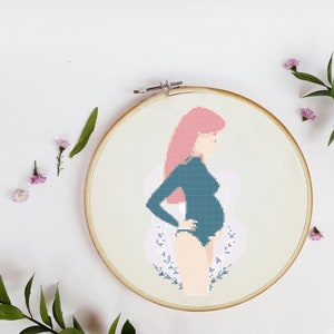 Pregnant woman cross stitch pattern, modern embroidery for pregnancy announcement, x stitch pattern for birth