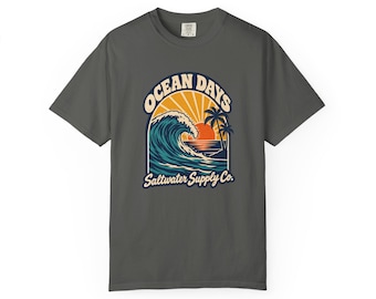 Ocean Days Saltwater Supply Co. Tee | Retro Wave Sunset Surf Shirt (Comfort Colors)
