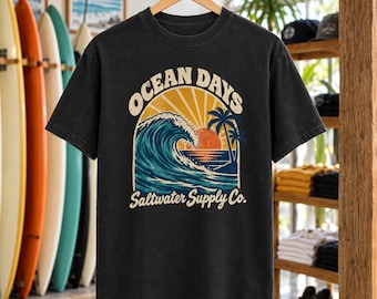 Ocean Days Saltwater Supply Co. Tee | Retro Wave Sunset Surf Shirt (Comfort Colors)