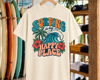 Retro Surfing Tee | Wave, Hibiscus, Palm Print (Comfort Colors)