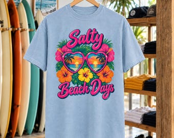 Salty Beach Days Tee | Neon Heart Sunglasses Shirt | Tropical Hibiscus T-Shirt | Comfort Colors Gift