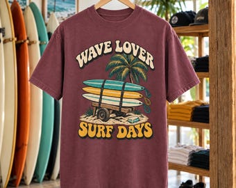 Retro Surfboard Cart Tee | Wave Lover Beach Shirt (Comfort Colors)