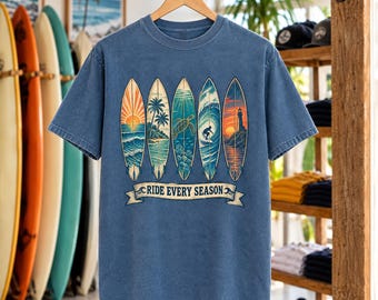 Ride Every Season Tee | Vintage Surfboard Art Shirt | Retro Surf T-Shirt | Comfort Colors Gift