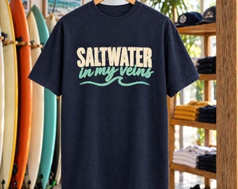 Saltwater in My Veins Tee | Retro Surf Shirt, Comfort Colors Cotton (True Navy)