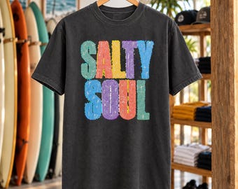 Salty Soul Tee | Retro Rainbow Letter Beach Shirt | Colourful Surf T-Shirt | Comfort Colors Gift
