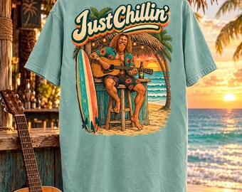 Just Chillin' Surf T-Shirt — Retro Beach Vibes with Guitarist Graphic