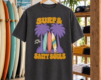Surf & Salty Souls Tee | Retro Palm Surfboard Shirt | Groovy Beach T-Shirt | Comfort Colors Gift