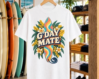 G'Day Mate Tee | Australian Wattle Surfboard Shirt | Retro Aussie T-Shirt | Comfort Colors Gift