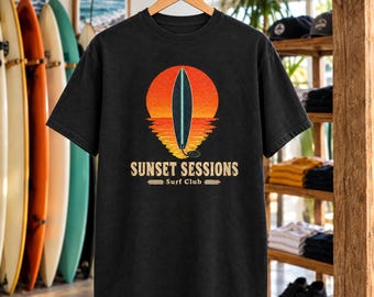 Retro Sunset Surfboard Tee | Minimalist Surf Club Shirt (Comfort Colors)