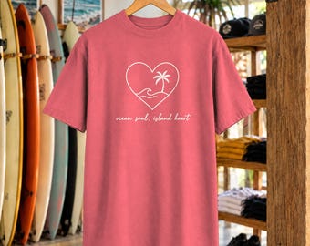 Ocean Soul, Island Heart-t-shirt | Minimalistisk Island Heart-tröja | Inspirerande Ocean-t-shirt | Komfortfärger