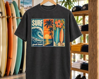 Retro Surf Sunset Tee | Wave, Palm, Boards Panel Print (Comfort Colors)