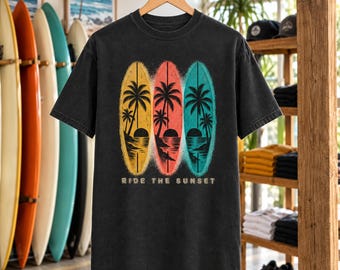 Ride The Sunset Tee | Retro Surfboard Palm Shirt | Vintage Surf T-Shirt | Comfort Colors Gift