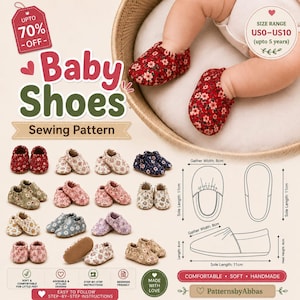 Op de afbeelding: Een naaipatroon voor babyschoentjes met diverse bloemmotieven. De afbeelding toont meerdere paren afgewerkte schoentjes, een technische lijntekening met afmetingen in cm en de tekst Baby Shoes Sewing Pattern.