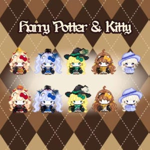 May include: A digital illustration featuring the text Harry Potter & Kitty above two rows of five pixel art characters. Each character has a white face with cat-like features, wearing various outfits including hats, robes, and bows in diverse colors.