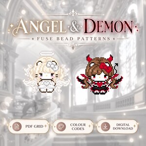 May include: Angel & Demon fuse bead patterns featuring two pixel art characters. One is a white angel with a halo and wings, the other a brown-haired demon with red horns and wings. Includes PDF Grid, Colour Codes, and Digital Download text.