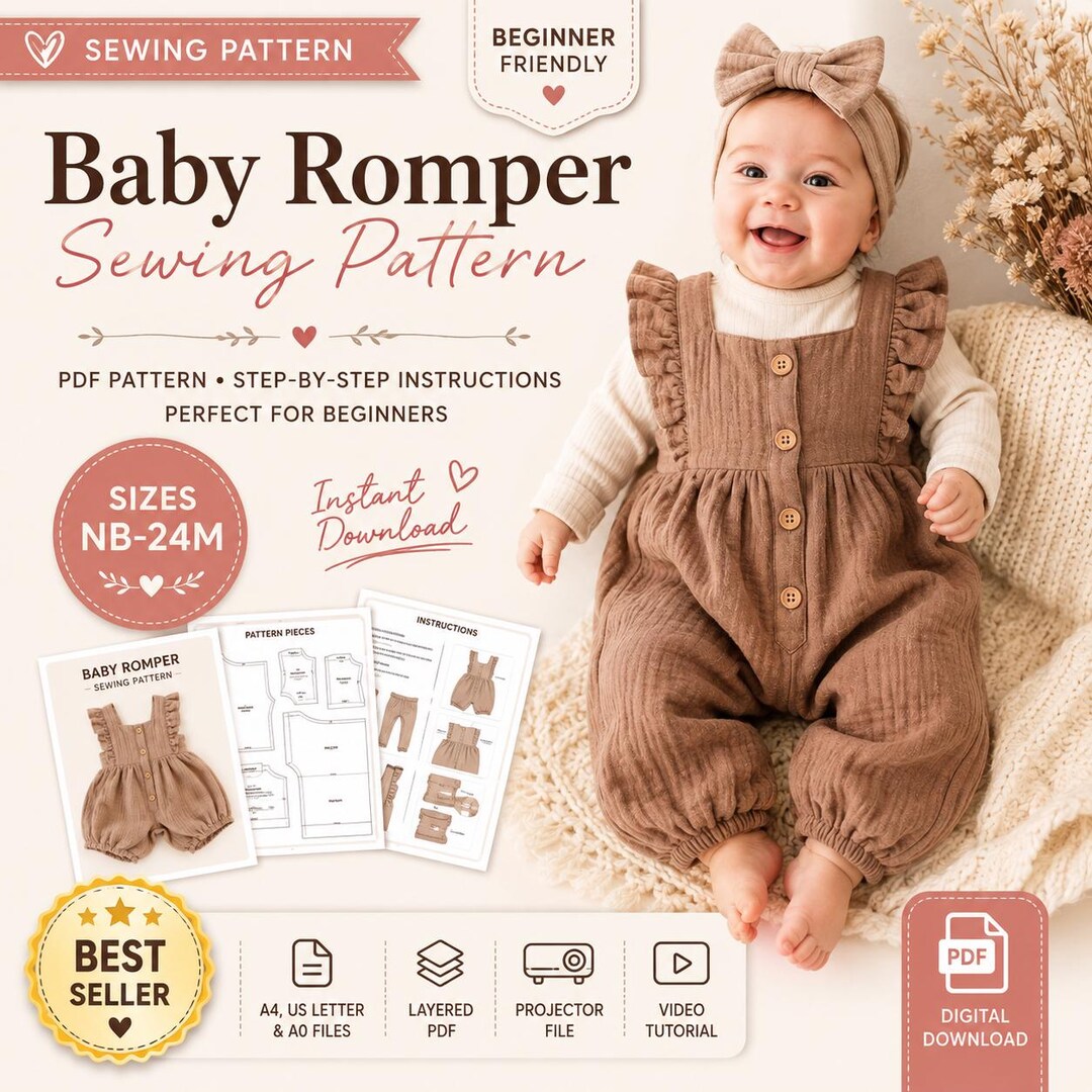 Beginner Baby Romper Sewing Pattern | Ruffled, Button-front (PDF ...