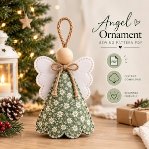May include: A fabric angel ornament featuring a green cone-shaped body with a white daisy pattern, white felt wings, a natural wood bead head, and a jute twine hanging loop. Text reads: Angel Ornament SEWING PATTERN PDF, PDF, INSTANT DOWNLOAD, BEGINNER FRIENDLY.