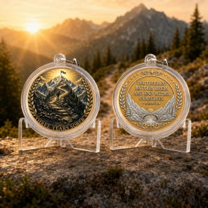 Peut inclure: Deux médaillons circulaires dorés dans des étuis de protection transparents sur des supports. L'un montre un randonneur sur un sentier de montagne avec le texte THREE YEARS SOBER. L'autre présente un pont et un paysage de montagne avec le texte THE TOUGHEST BATTLES BEGIN AND END WITHIN OURSELVES. — AMANDA.