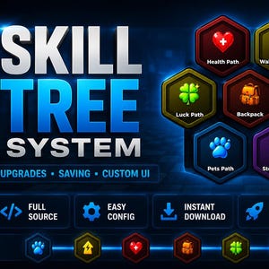 Peut inclure: Une interface numérique intitulée SKILL TREE SYSTEM avec le texte UPGRADES, SAVING, CUSTOM UI. Elle présente des icônes hexagonales pour les chemins Health, Walk Speed, Luck, Backpack, Power, Pets, Storage et des boutons Full Source, Easy Config.