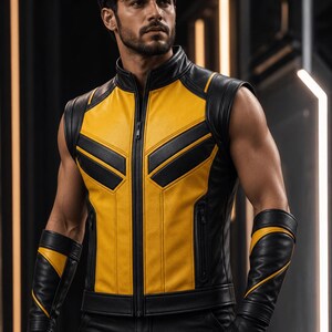 Gilet en cuir noir et jaune pour homme avec manches | Gilet de motard inspiré de Wolverine | Gilet de moto | Cuir véritable