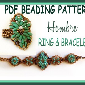 May include: PDF beading pattern for a ring and bracelet featuring a turquoise and brown colour scheme. The pattern is called "Hombre".