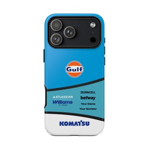 May include: A light blue smartphone case featuring the Gulf logo, Williams F1 Team branding, and sponsor logos including Atlassian, Duracell, Betway, and Komatsu. The design includes placeholders for Your Name and Your Number in black text.
