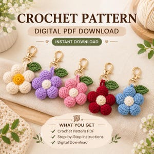 Virkmönster för nyckelring med puffiga blommor i PDF-format, väskberlock med 5 kronblad, amigurumi-nyckelring med blommor, virkmönster för nybörjare, digital nedladdning