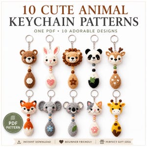 以下が含まれることがあります： 10 CUTE ANIMAL KEYCHAIN PATTERNSと題されたデジタル文書。クマ、ウサギ、ライオン、パンダ、シカ、キツネ、ゾウ、コアラ、ネコ、キリンの10種類の編みぐるみ動物キーホルダーが、金属リングと木製ビーズと共に掲載されています。