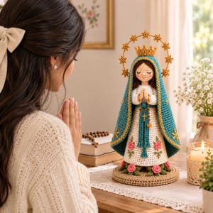 Op de afbeelding: Een gehaakt beeldje van de Maagd Maria met een blauwgroene mantel over een witte jurk, versierd met roze rozen en groene bladeren. Het figuurtje heeft een gouden kroon en een halo van sterren, met de handen gevouwen in gebed.